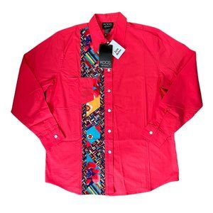 VTG NWT Koos Of Course! M Blouse Shirt Button Up Down Top Red Geo Stretch Artsy
